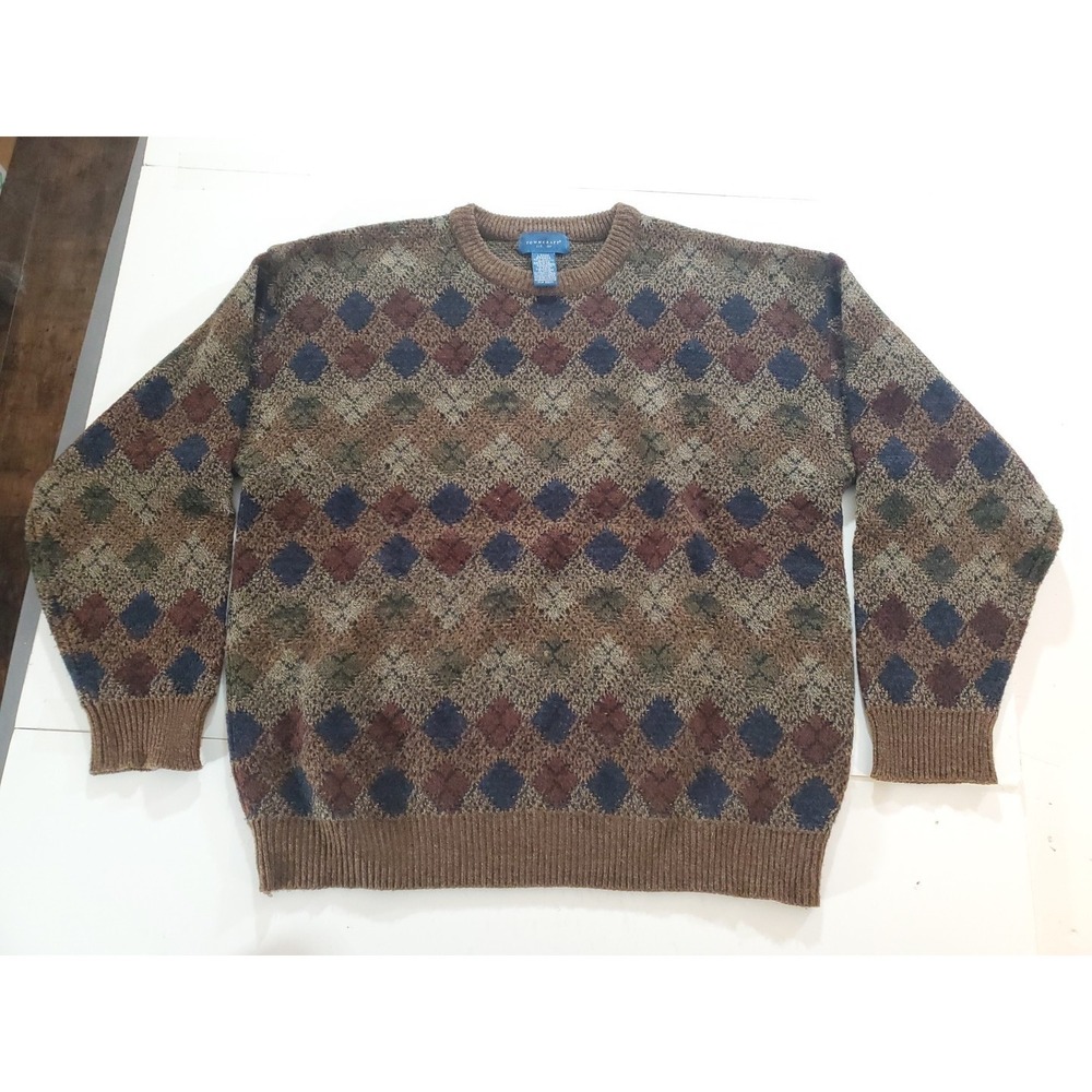 VTG‎ Towncraft 90s Grandpa Sweater Mens Large Geometric Knit Crewneck Brown